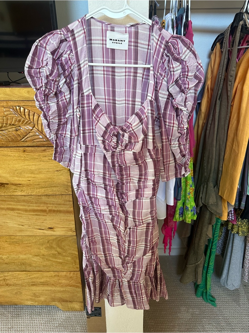 Isabel Marant Mauve and White Plaid Puff-Sleeve Midi Dress